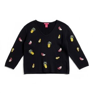 Alexandra Bartlett Fruit Embroidered Sweater Women’s XL Black Cotton Knit